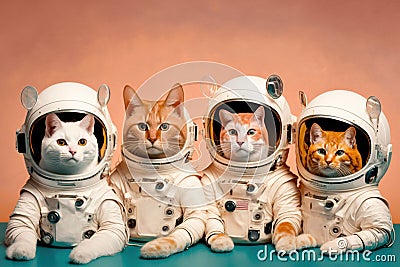 Group studio portrait of cats dressed as astronauts created with Generative AI technology Stock Photo