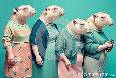 Group studio portrait of fat badgers in clothes , created with Generative AI technology Stock Photo