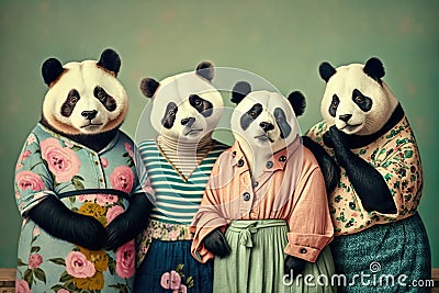 Group studio portrait of fat pandas in the clothes, created with Generative AI technology Stock Photo