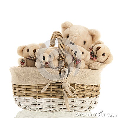 Group stuffed bears in basket Stock Photo