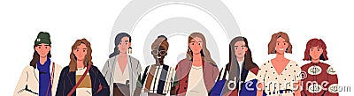 Group of stylish young women in trendy clothes. Multinational female fashionable characters together. Concept of Vector Illustration