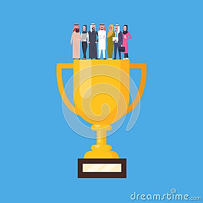 Group Of Successful Arab Business People Standing At Golden Cup, Muslim Businesspeople Success Team Concept Vector Illustration