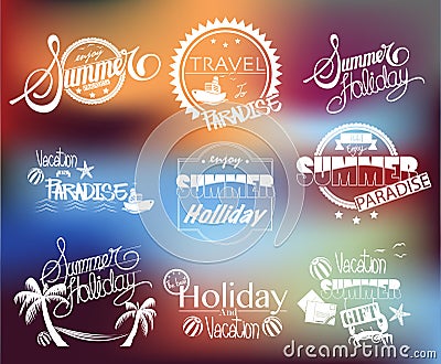 Group of Summer Labels on Blurred Background Stock Photo