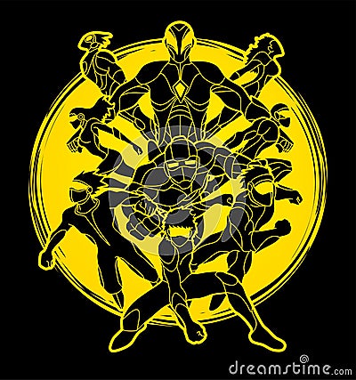 Group of Super Heroes action, Unity together team work graphic vector Vector Illustration