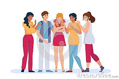 Group support sad person. Friends and family comforting depressed and anxiety woman in sorrow. Psychological and empathy help Vector Illustration