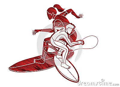 Group of Surfer Action Surfing Sport Man and Woman Players Cartoon Graphic Vector Vector Illustration