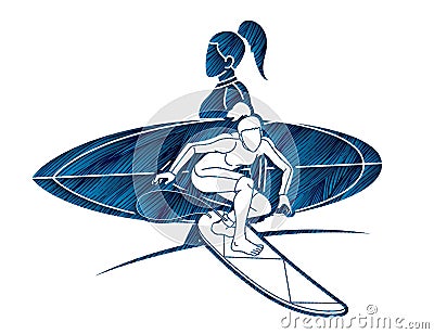 Group of Surfer Woman Surfing Sport Action Cartoon Graphic Vector Vector Illustration