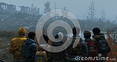 A group of survivors huddle together backs facing the camera as they look towards the horizon. The ruins behind them Stock Photo