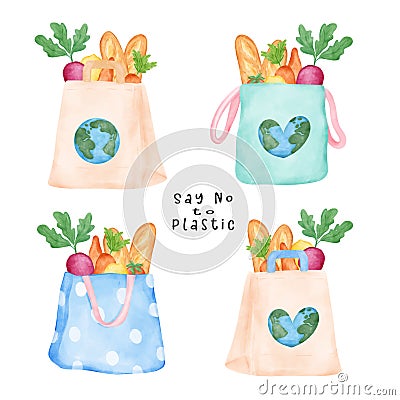 Group of sweet pastel Eco-Friendly reusable shopping bag full of fresh vegetables watercolor hand drawing illustration Vector Illustration