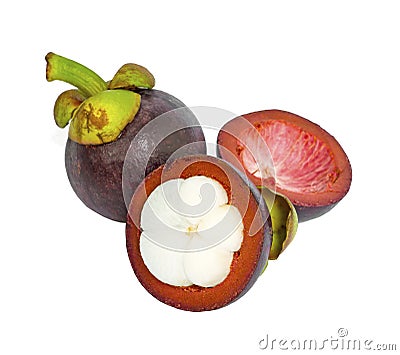 Group of sweet Purple Mangosteens fruits, a part of half fruit peeled, isolated photo with clipping path, dicut on white Stock Photo