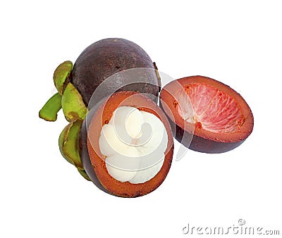 Group of sweet Purple Mangosteens fruits, a part of half fruit peeled, isolated photo with clipping path, dicut on white Stock Photo