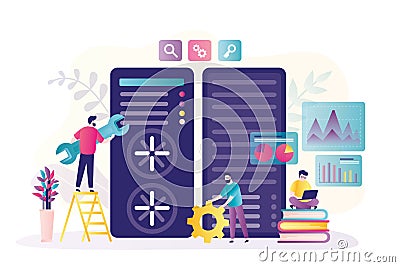 Group of sysadmins configures and optimizes server. System administrators doing technical work with server Vector Illustration
