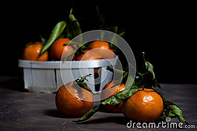 Group of tangerines with green leaf Stock Photo