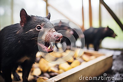 group of tasmanian devils at a communal feeding site Stock Photo