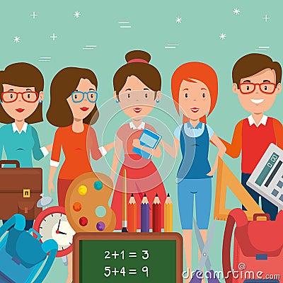 Group of teachers with school supplies Vector Illustration