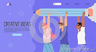 Group or team of creative likeminded business people or designers hold big pencil Vector Illustration