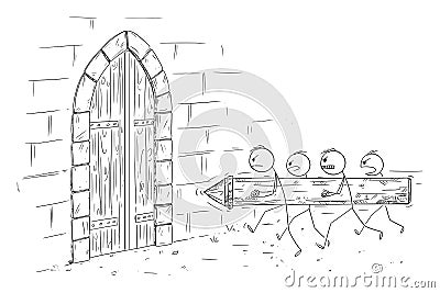 Battering Ram Attacking Castle Gate, Vector Cartoon Stick Figure Illustration Vector Illustration