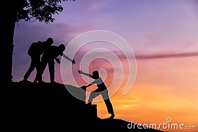 Group of team people helping work on peak mountain climbing teamwork Stock Photo