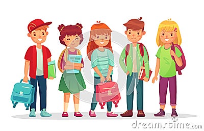 Group teen pupils. School boys and girls teens students with backpack and books. Kids pupil learning together vector Vector Illustration