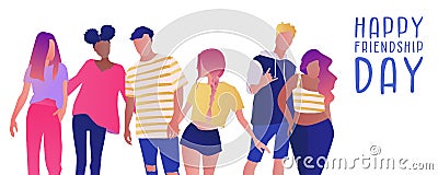 Group of teenage boys and girls or school friends standing together, embracing each other. Flat cartoon vector illustration. Vector Illustration