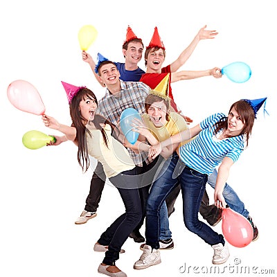 Group of teenage in party hat and baloon. Stock Photo