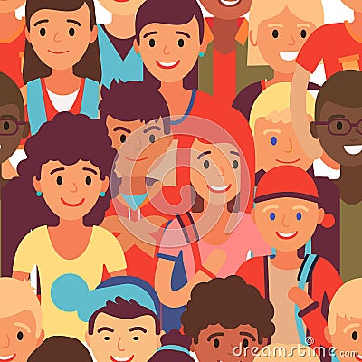 Group teenager character pattern, flat vector illustration. Young together student walk, juvenile people different Vector Illustration
