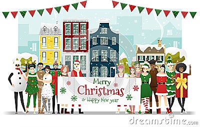 Group of teens in Christmas costume concept holding board with text Merry Christmas and Happy New Year Vector Illustration