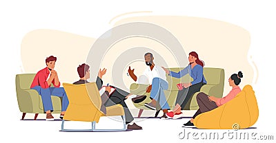 Group Therapy Addiction Treatment Concept. Characters Counseling with Psychologist on Psychotherapist Session Vector Illustration