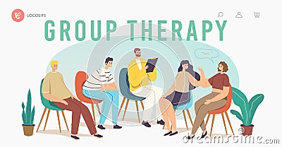 Group Therapy Addiction Treatment Landing Page Template. Characters Counseling Psychologist on Psychotherapist Session Vector Illustration