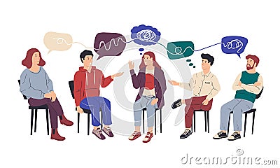 Group therapy. People at collective psychotherapy. Counseling and mental health support from addiction, psychologist Cartoon Illustration