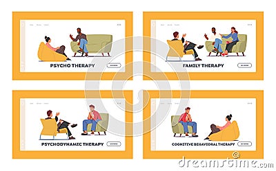 Group Therapy Treatment Landing Page Template Set. Characters Counseling with Psychologist on Psychotherapist Session Vector Illustration