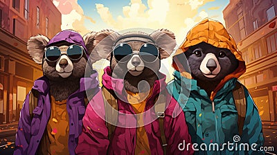 A group of three bears wearing jackets and sunglasses Stock Photo