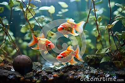 Three Goldfish in Aquarium Facing Forward Stock Photo