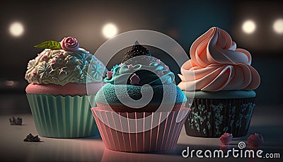 a group of three cupcakes sitting on top of a table. generative ai Stock Photo