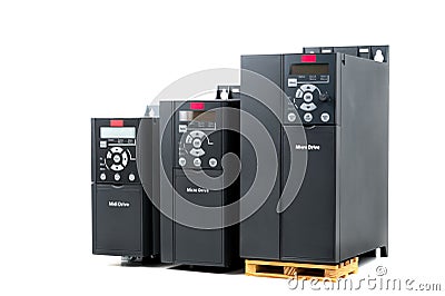 A group of three different sizes and capacities new universal inverter for controlling the electric current and power Stock Photo