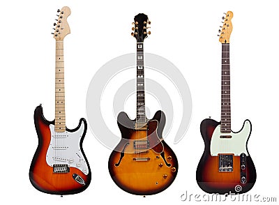 Group of three Electric guitars on white Stock Photo