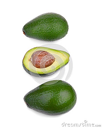 A group of three fresh avocados, isolated on a white background. Organic vegetables. Healthful lifestyle. Stock Photo
