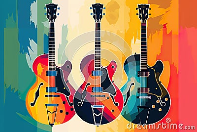 A group of three guitars sitting next to each other. Generative AI image. Stock Photo