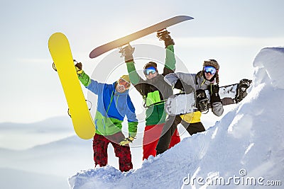 Group three happy snowboarders fun Stock Photo
