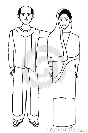 Indian couple avatar cartoon character in black and white Vector Illustration