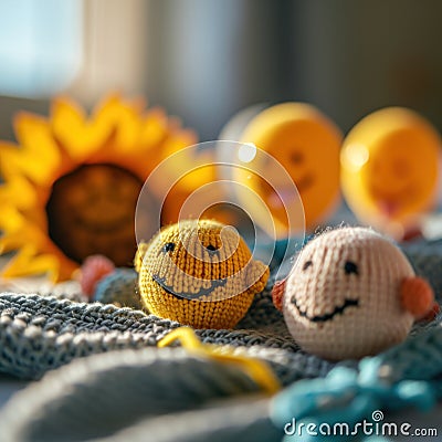 A group of three knitted toys are sitting on a table, AI Stock Photo