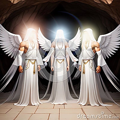 Three male Angels in long white robes. Generative AI Image with manually applied visual effects. Stock Photo