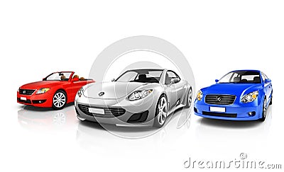 Group of Three Multicolored Elegant Cars Stock Photo