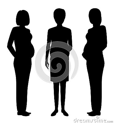 Group of three pregnant women black silhouettes. Future mothers community. Vector Illustration