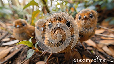 A group of three small birds standing together on a leaf covered ground, AI Stock Photo