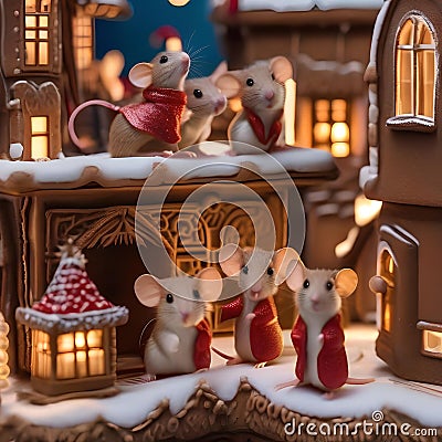 A group of tiny mice in a gingerbread village, wearing tiny Santa hats1 Stock Photo