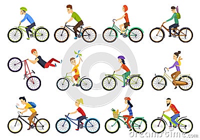 Group of tiny people riding bikes on city. Bike types and cycling sign set. Man, woman, kids. Thin line art icons. Flat Vector Illustration