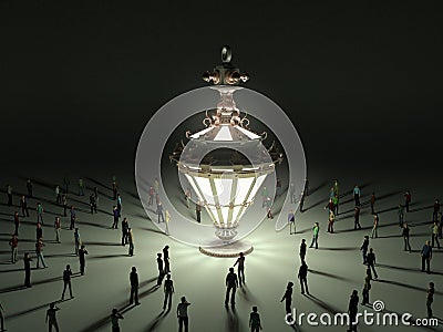 A group of tiny people walking towards a vintage light bulb 3d r Stock Photo