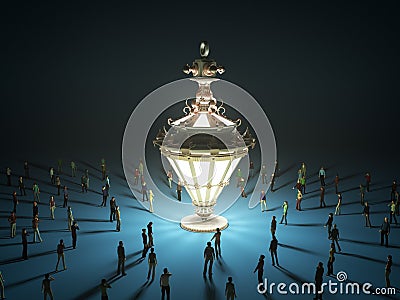 A group of tiny people walking towards a vintage light bulb 3d r Stock Photo