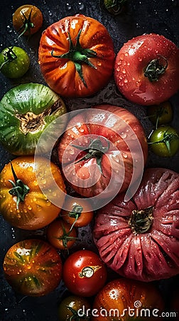 a group of tomatoes sitting next to each other on top of a counter top next to a pile of green and red tomatoes on the top of Stock Photo